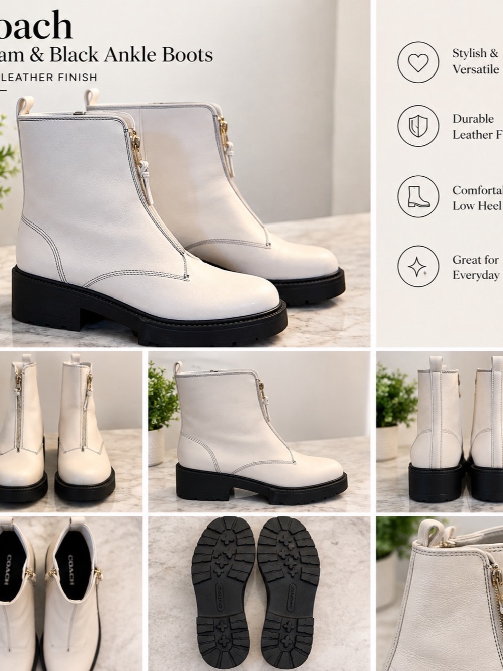 Coach Cream & Black Leather Ankle Boots Size 9